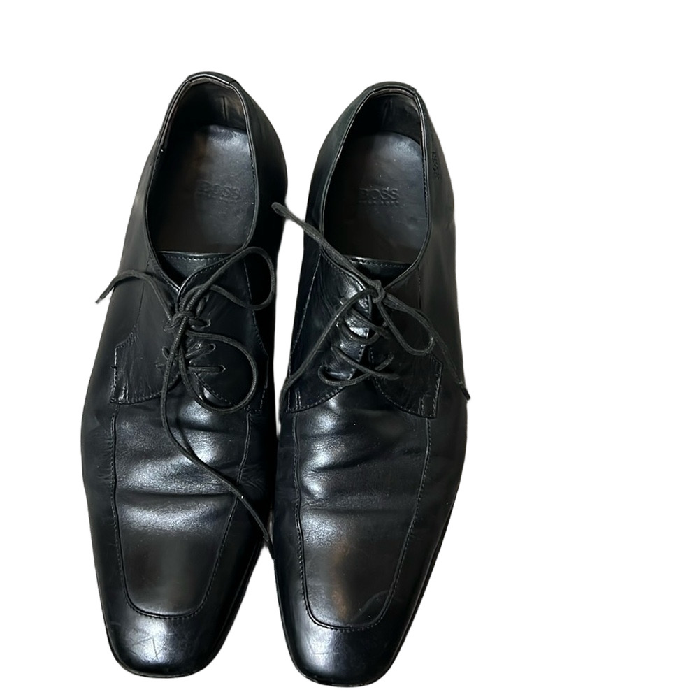 Hugo Boss Men's Embossed Logo Black Leather Lace Up Oxford Shoes Size 11